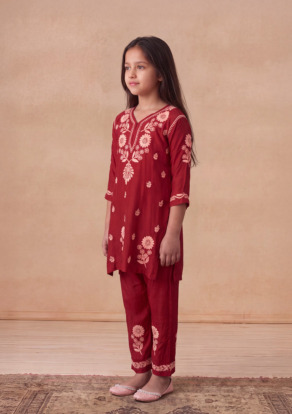 HOC Kids Red Muslin Chikankari Kurta Set