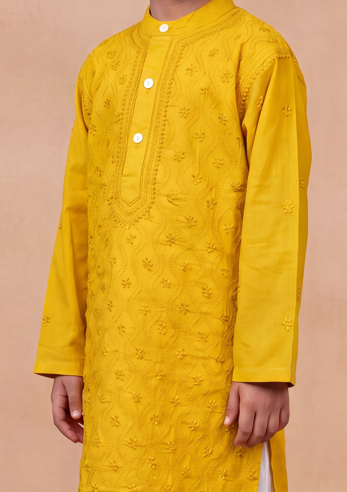 HOC Kids Mustard Cotton Chikankari Kurta Set