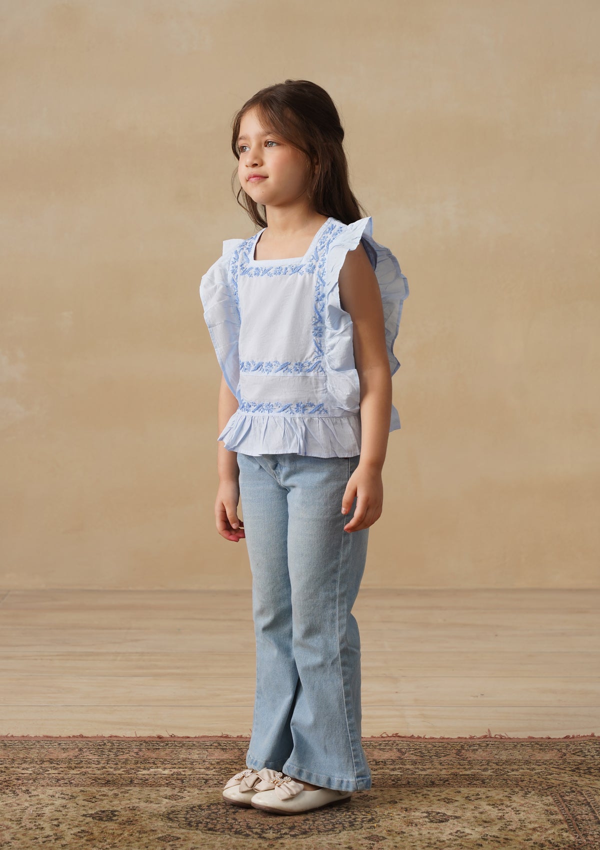 HOC Cotton Chikankari Solid Girls Short Top - Light Blue
