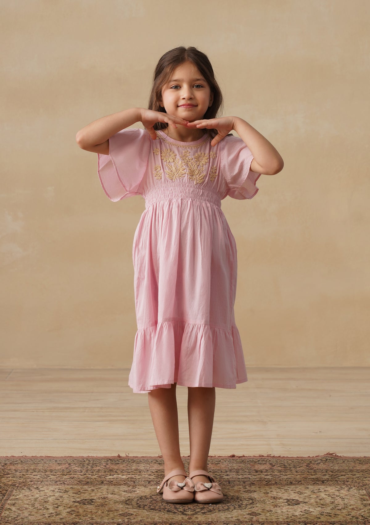 HOC Cotton Chikankari Solid Girls Long Dress - Light Pink