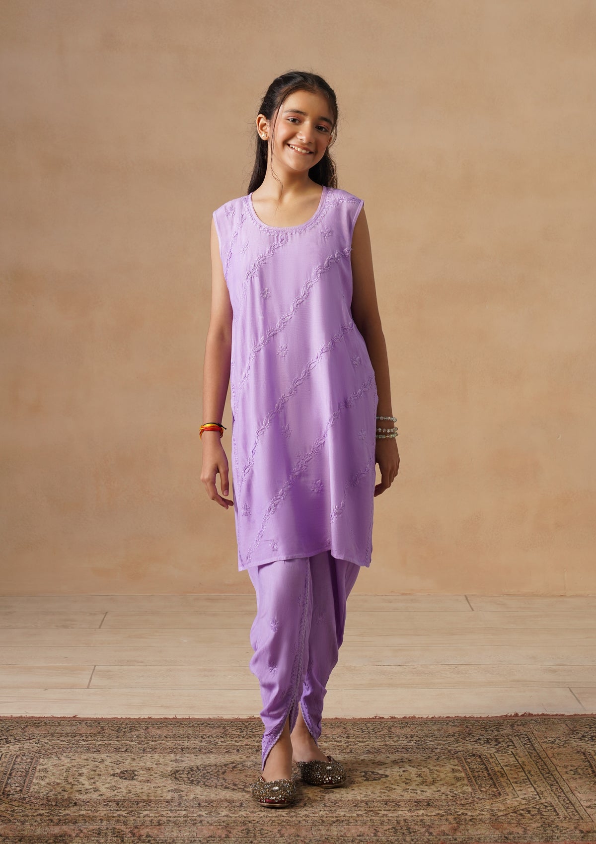 HOC Kids Purple Muslin Chikankari Kurta Set