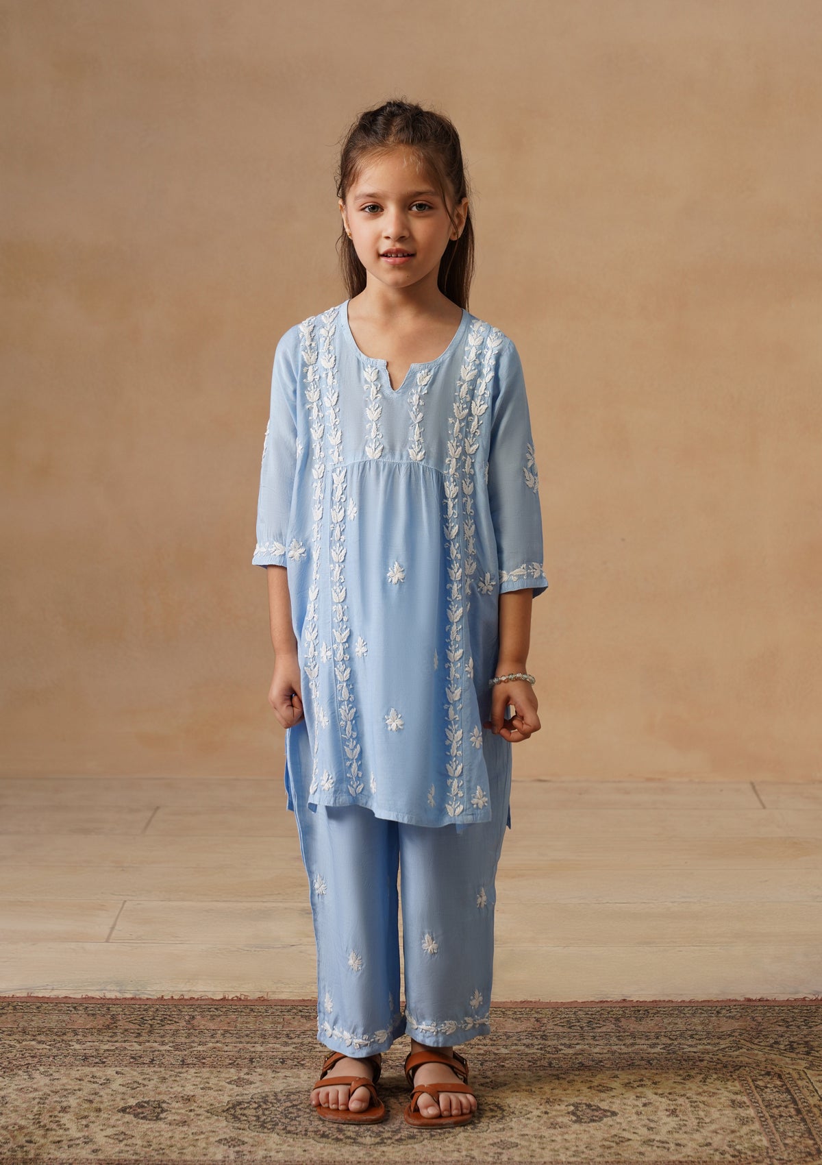 HOC Kids Blue Muslin Chikankari Kurta Set