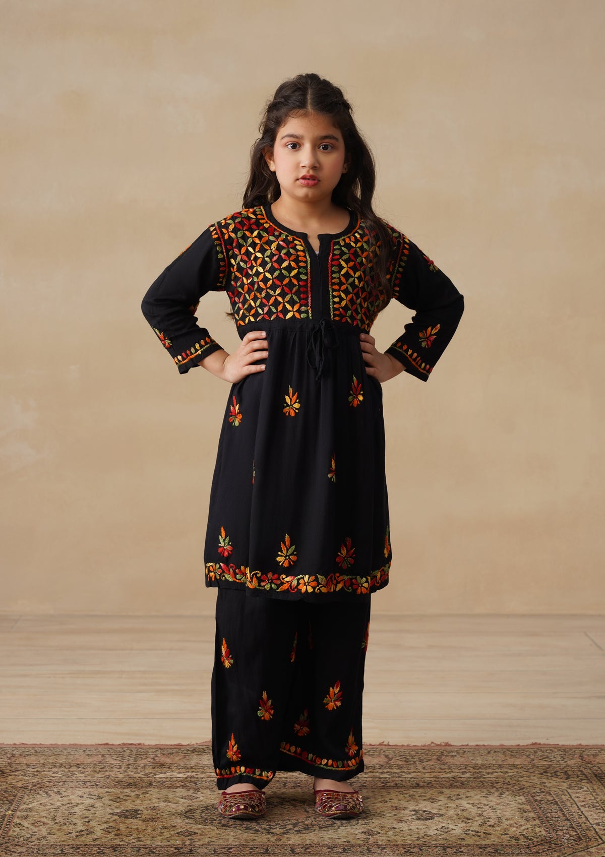 HOC Rayon Chikankari Solid Girls 2 PC Long Kurta Set - Black